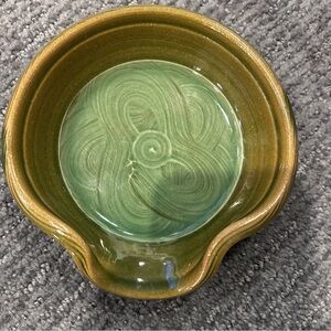 Handmade Green and Brown Studio Pottery Decorative Spoon Rest Signed
